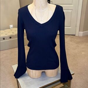 Catherine Navy Ribbed Long Sleeve Top with Flared Sleeves - Small